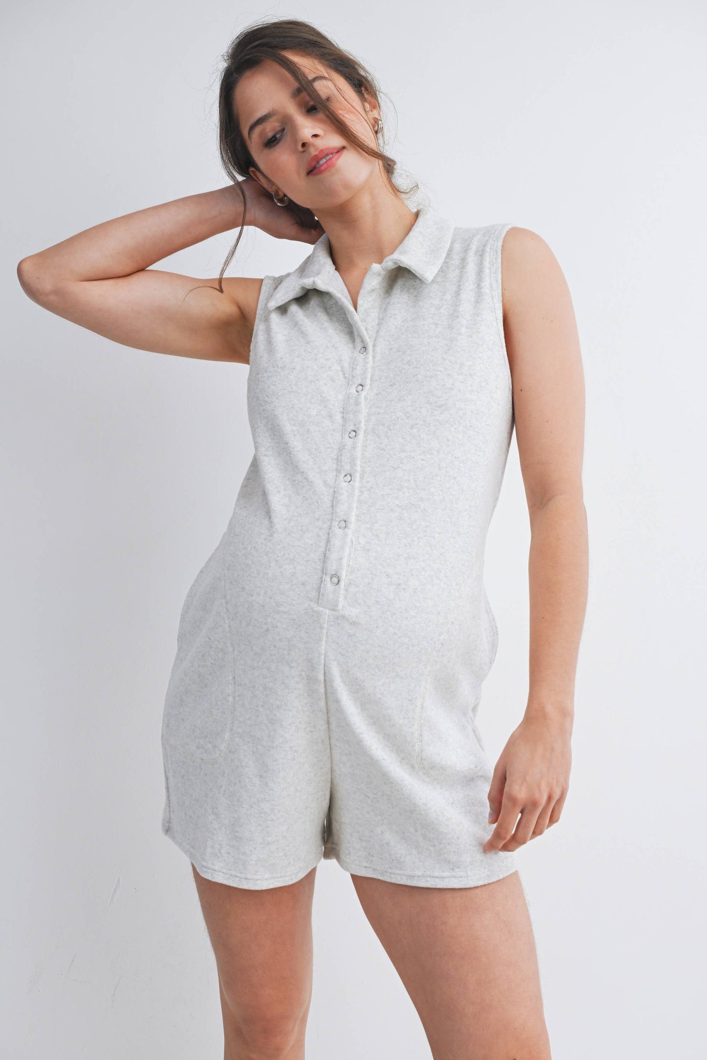 Button Front Collared Maternity Romper with Pockets