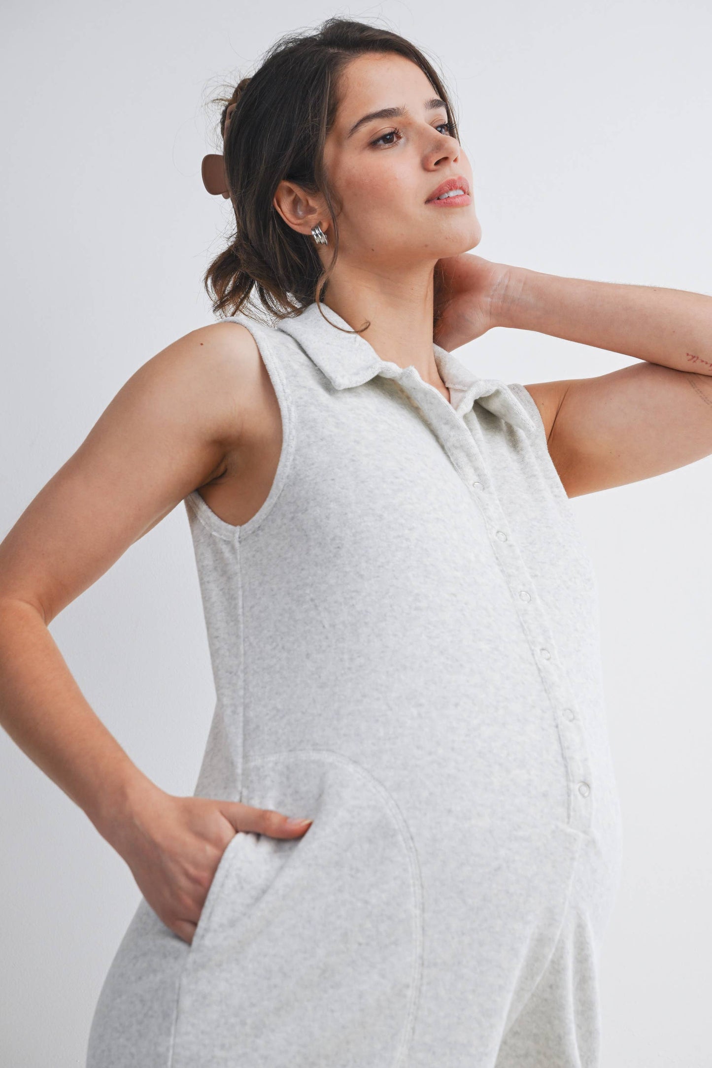 Button Front Collared Maternity Romper with Pockets