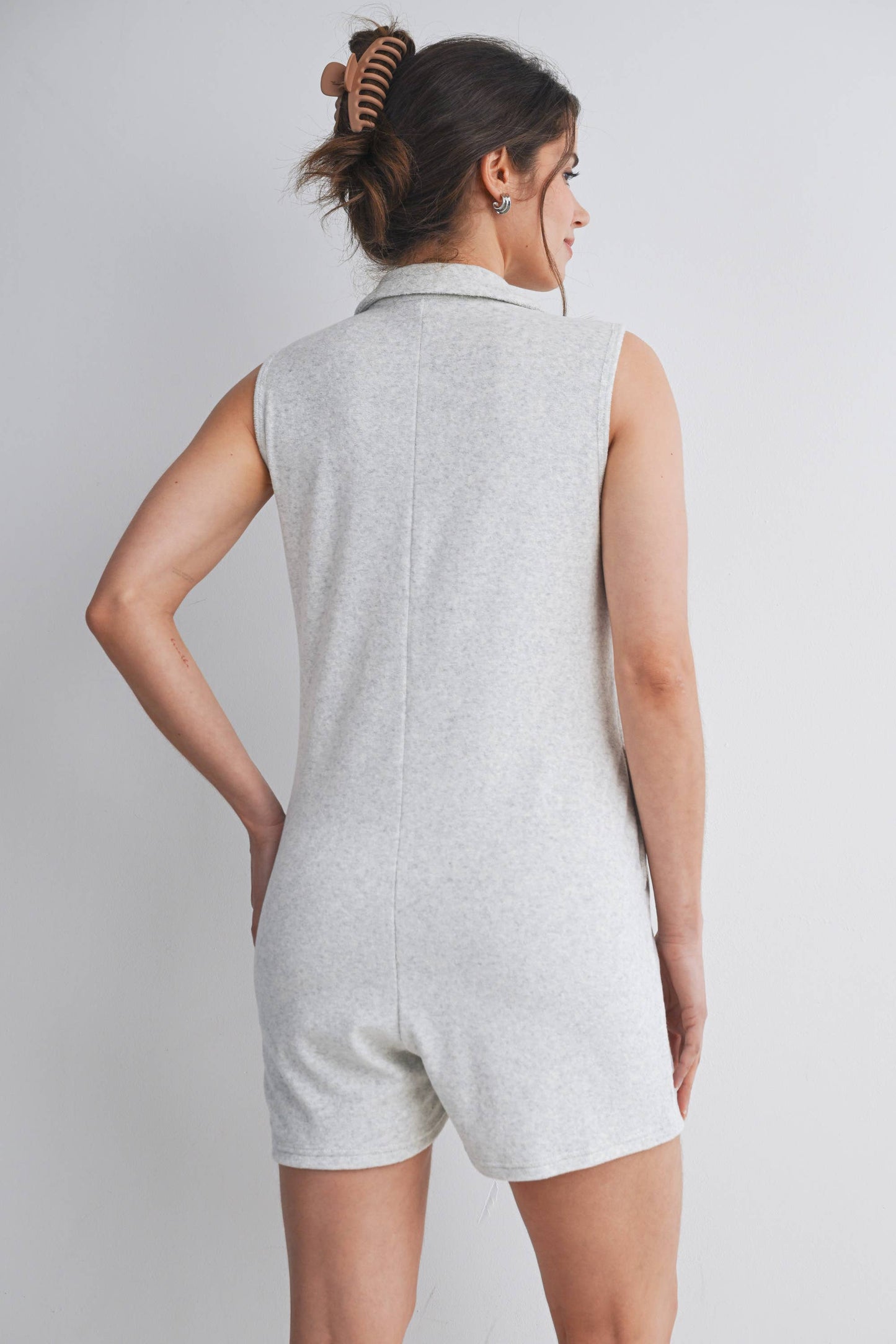 Button Front Collared Maternity Romper with Pockets