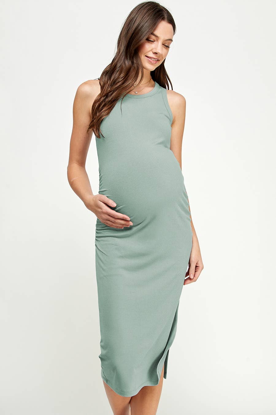 Maternity Sleeveless Side-Ruched Midi Dress