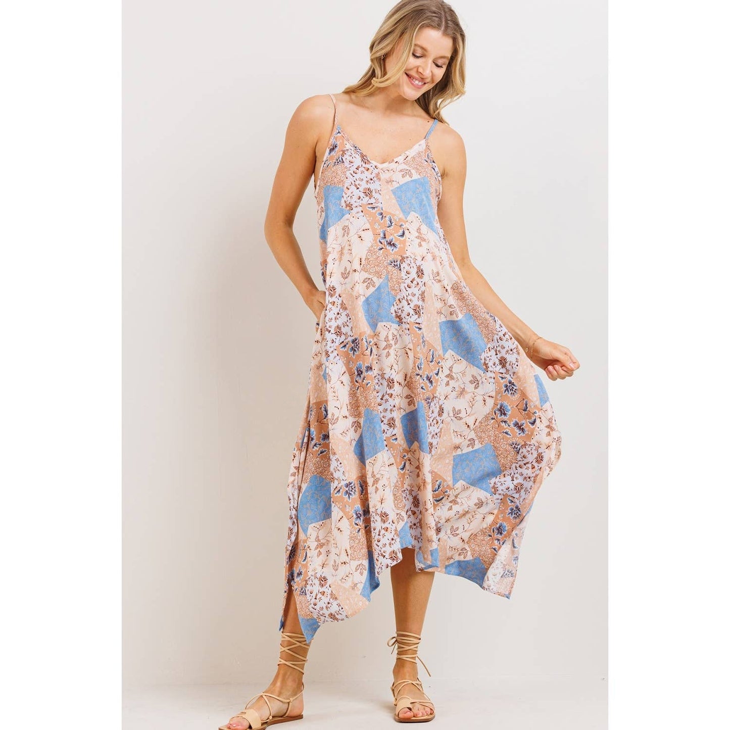Patchwork Print Asymmetric Maternity Midi Dress