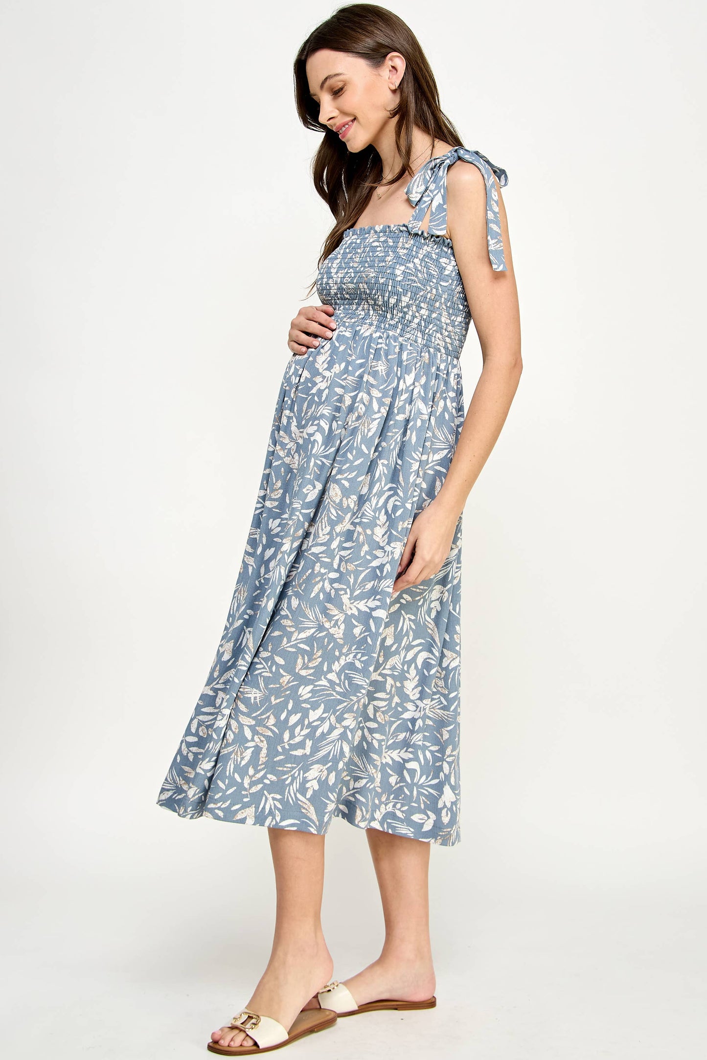 Light Blue Smocked Sleeveless Maternity Midi Dress