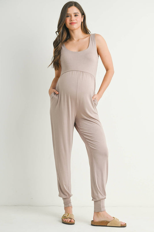 Scoop Neck Sleeveless Maternity Jogger Jumpsuit