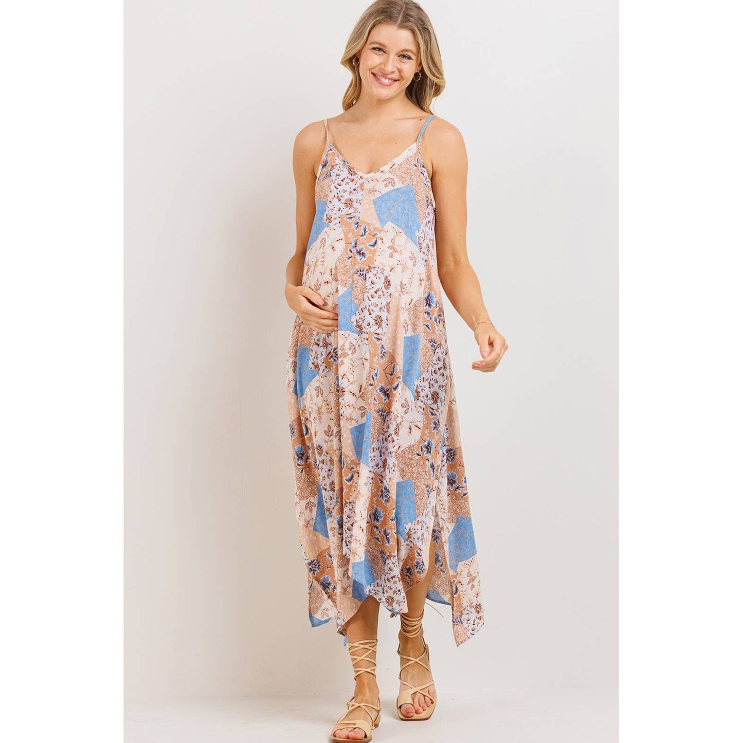 Patchwork Print Asymmetric Maternity Midi Dress