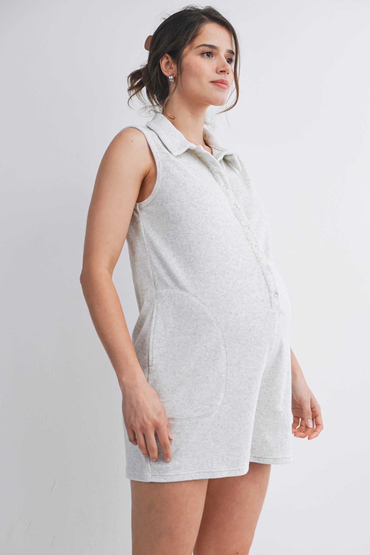 Button Front Collared Maternity Romper with Pockets