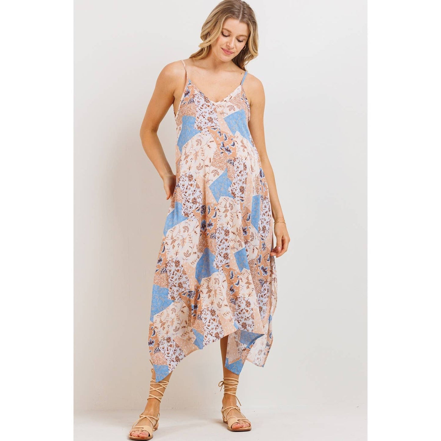 Patchwork Print Asymmetric Maternity Midi Dress