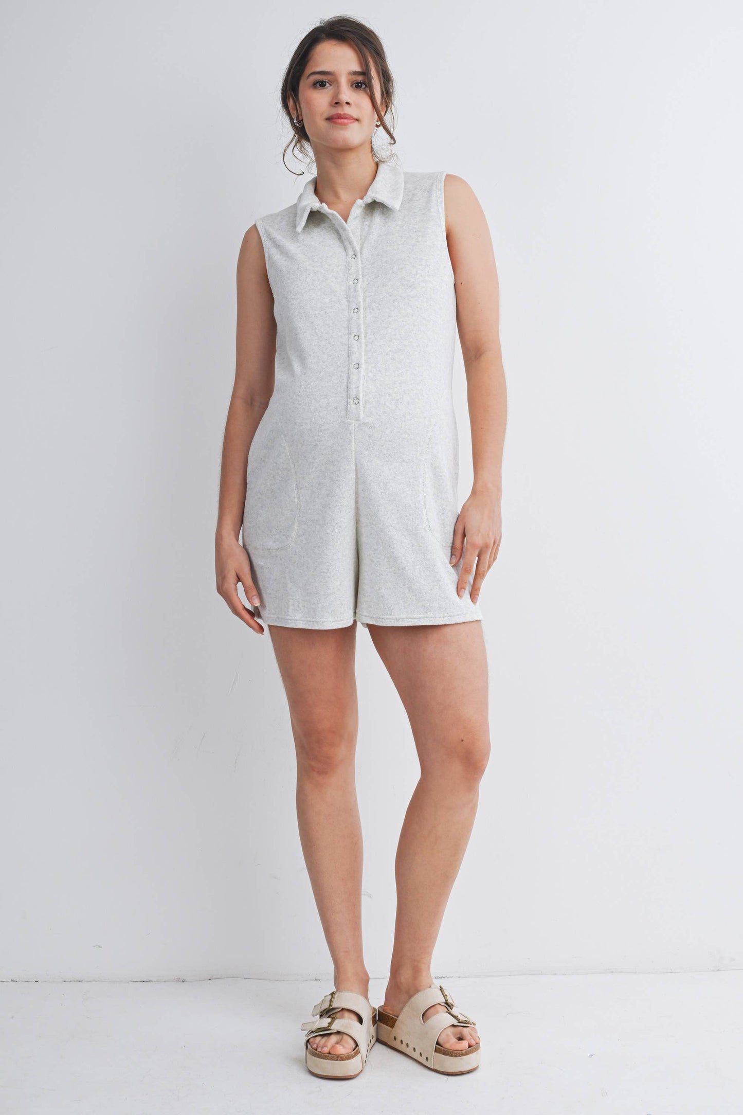 Button Front Collared Maternity Romper with Pockets