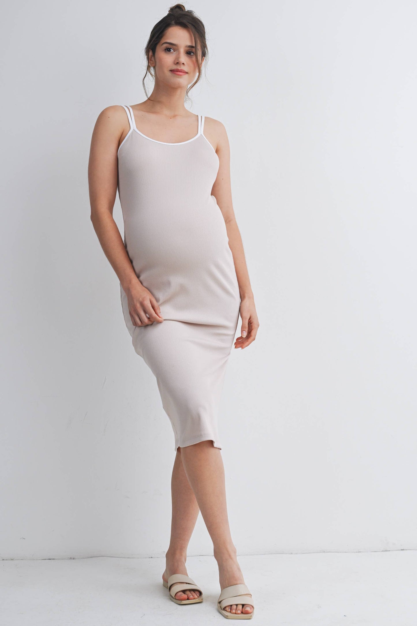Ribbed Maternity Midi Dress with Contrast Trim & Side Slit