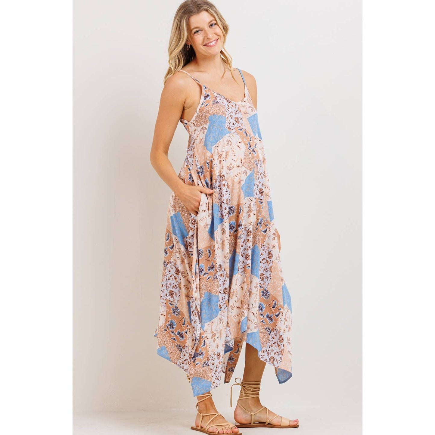 Patchwork Print Asymmetric Maternity Midi Dress