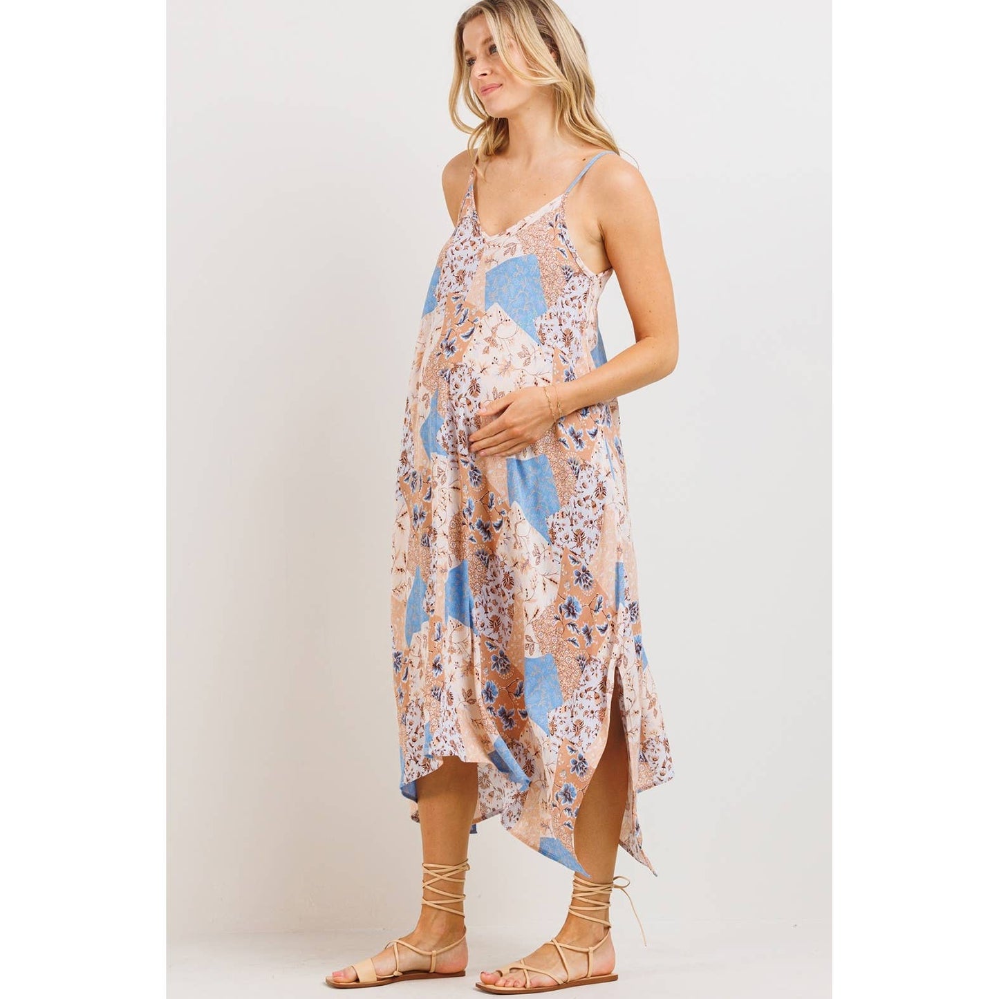 Patchwork Print Asymmetric Maternity Midi Dress