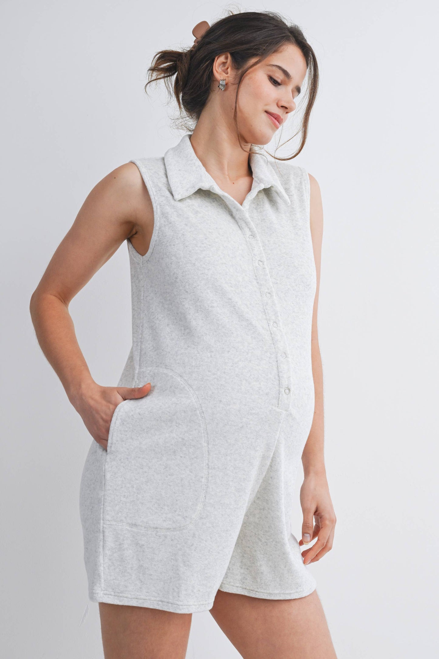 Button Front Collared Maternity Romper with Pockets