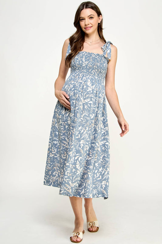 Light Blue Smocked Sleeveless Maternity Midi Dress