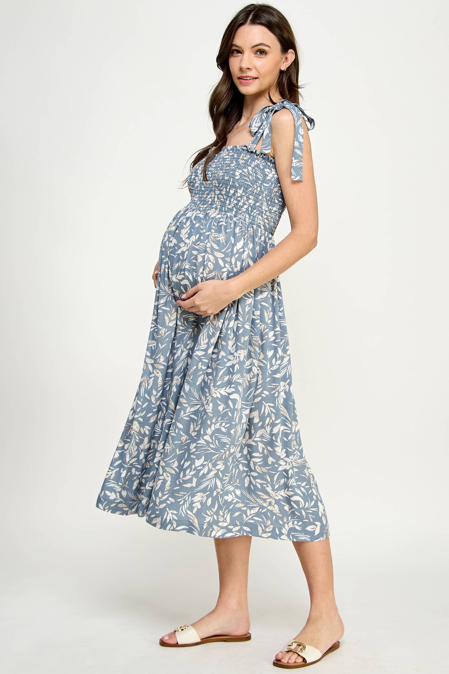 Light Blue Smocked Sleeveless Maternity Midi Dress