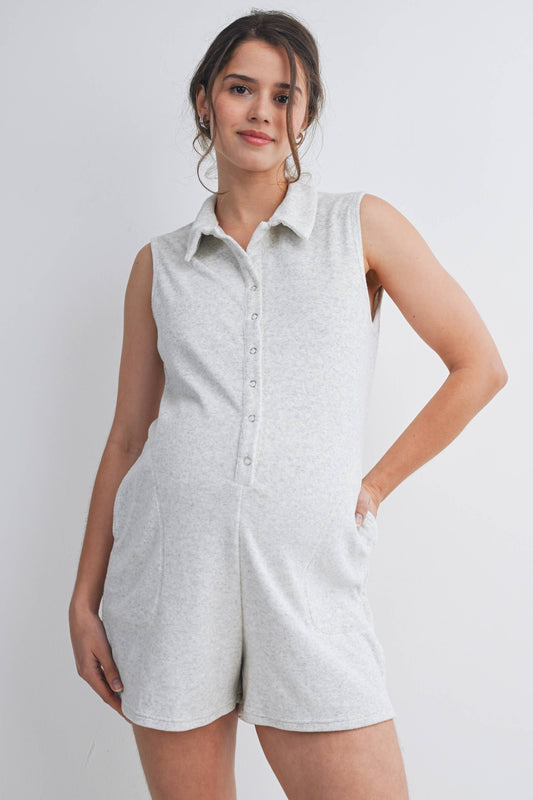 Button Front Collared Maternity Romper with Pockets