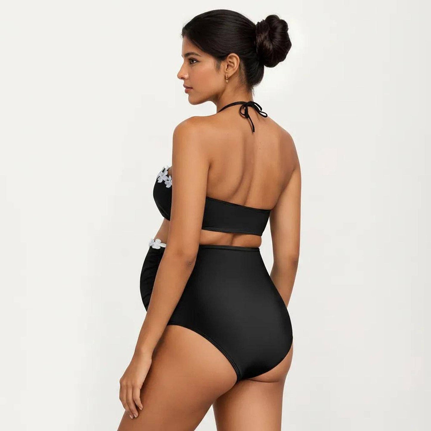 Maternity Bandeau Two-piece Swimsuit with Floral Trim and High-Waisted Bottom