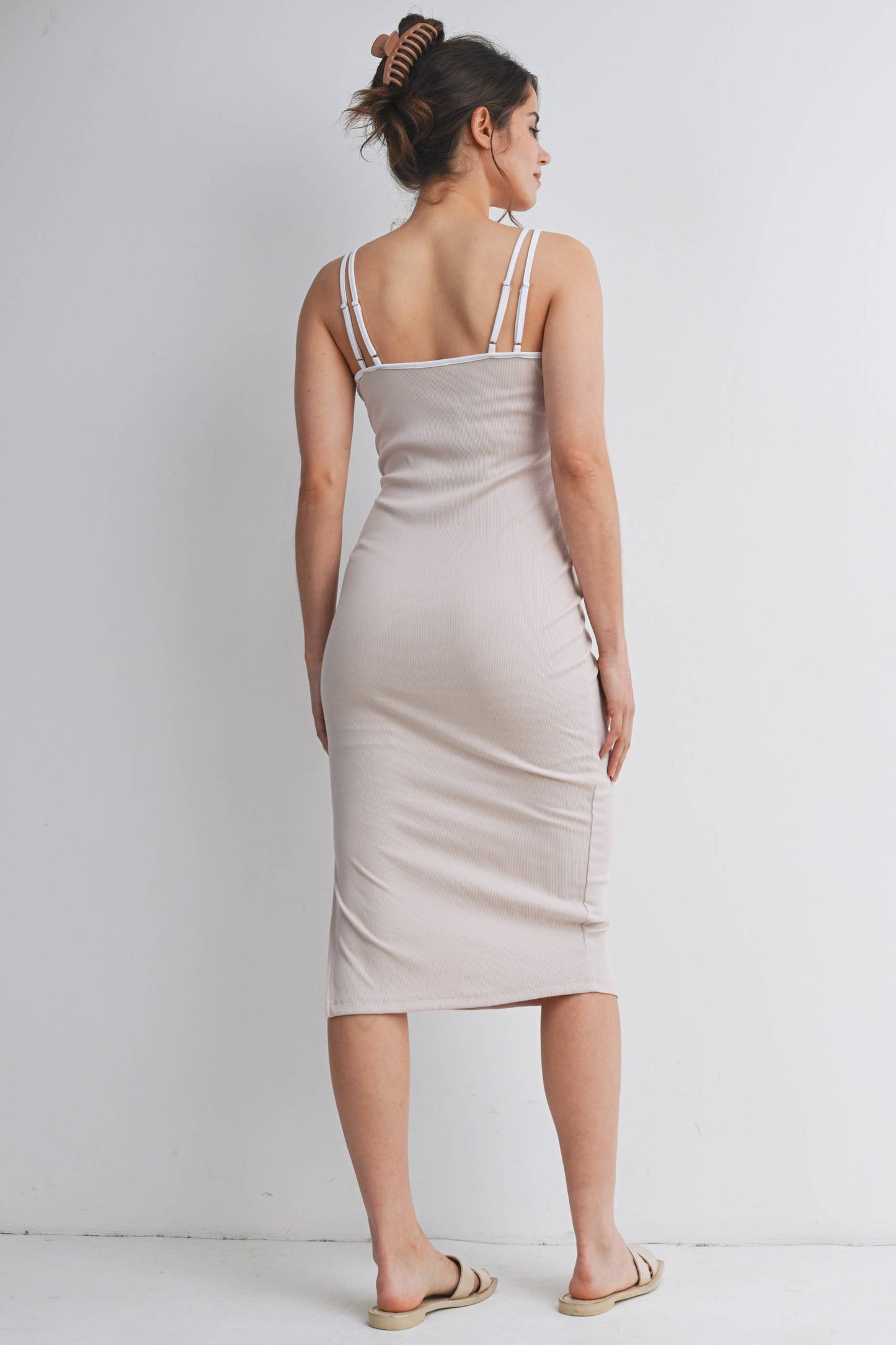 Ribbed Maternity Midi Dress with Contrast Trim & Side Slit